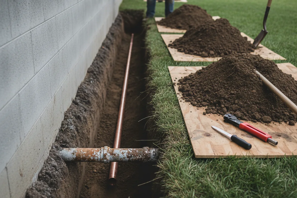 Excavated water line trench during Sewer Line Repair in Allison